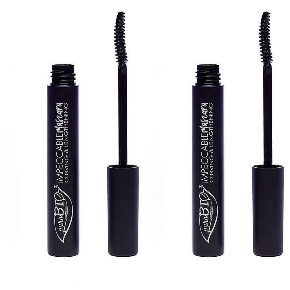 Deux tubes de mascara noir avec brosses. Inscription : Impeccable Mascara, Curving & Lengthening. Marque : puroBIO.