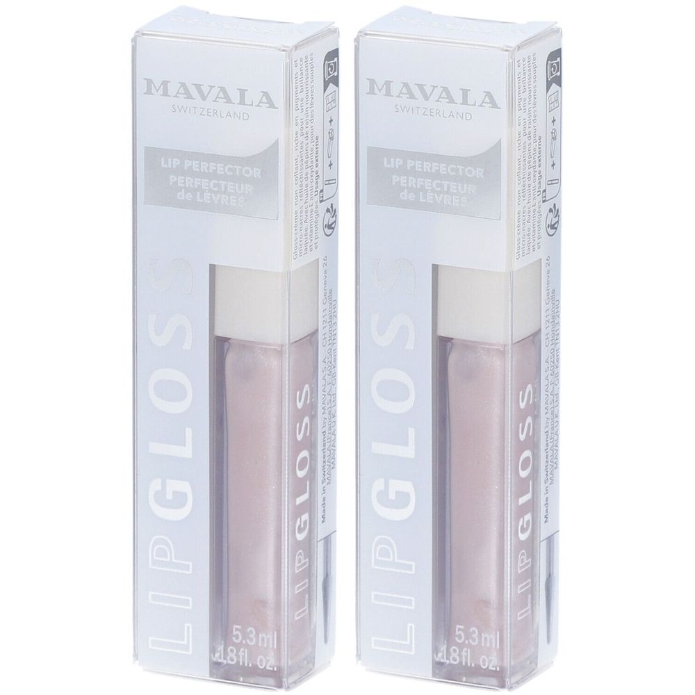 Deux emballages de gloss. Inscription : MAVALA, LIP GLOSS, LIP PERFECTOR. Les flacons sont emballés dans une coque transparente.