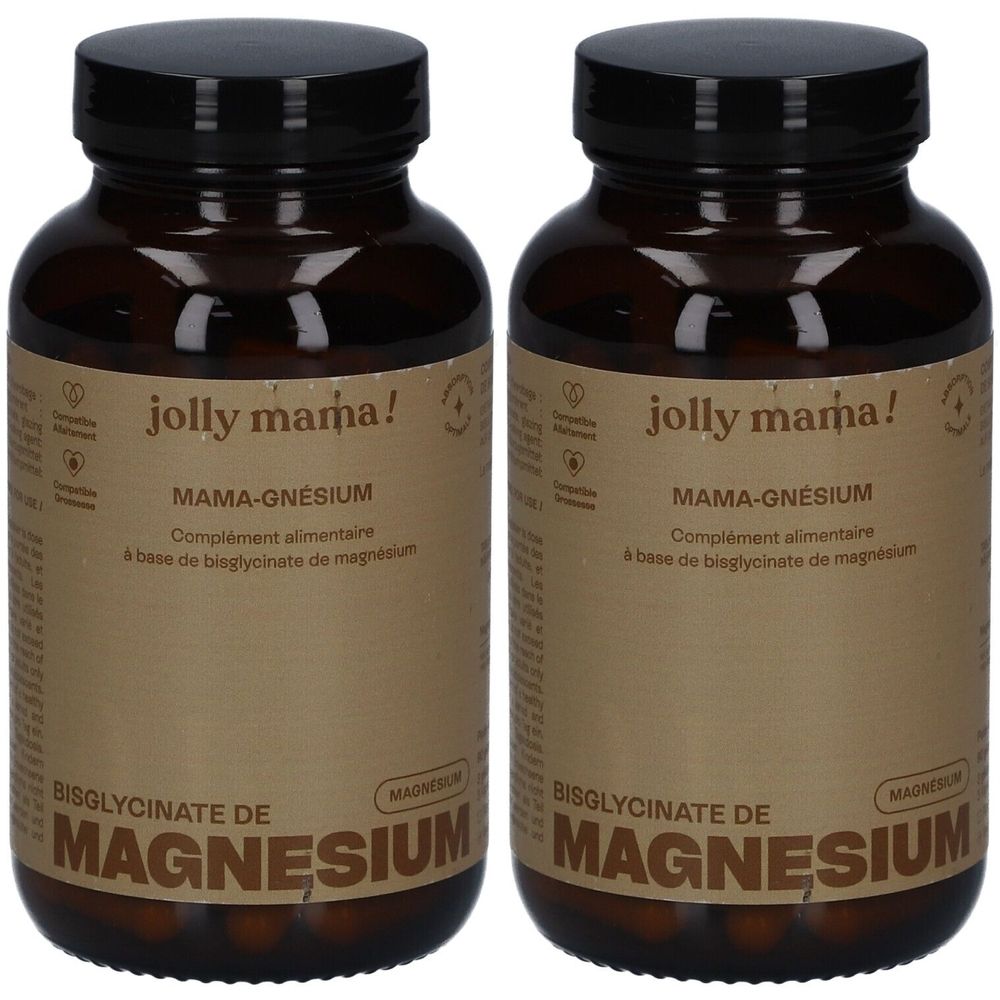 Deux flacons bruns avec couvercles noirs. L'étiquette indique "jolly mama!" et "MAMA-GNESIUM". En dessous, "Bisglycinate de Magnesium".