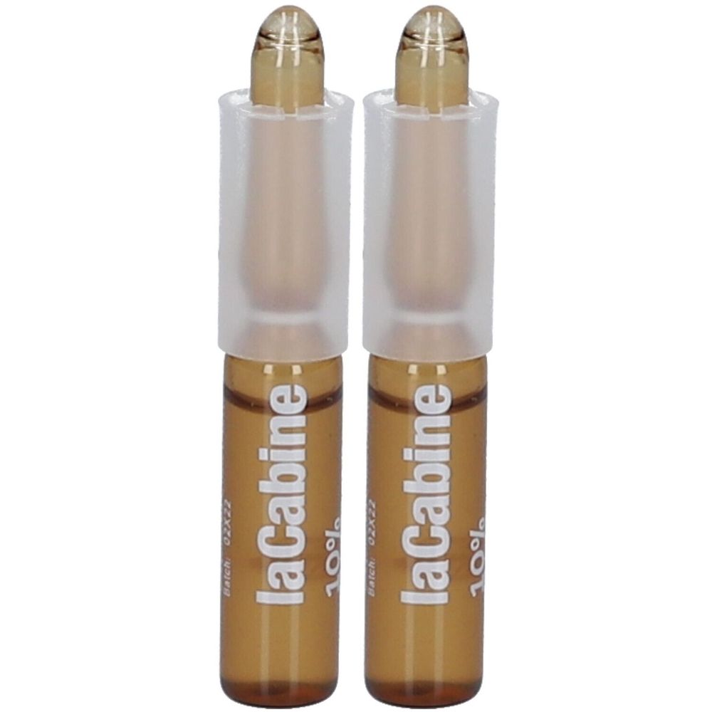 Deux ampoules de liquide brun. Inscription: LaCabine 10%. Bouchons transparents.