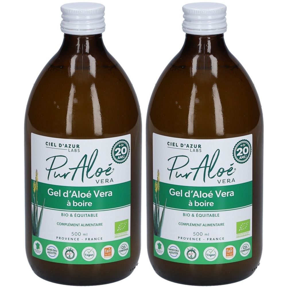 Deux bouteilles en verre brun avec bouchon blanc. Étiquette avec texte: Pur Aloé Vera Gel d'Aloé Vera à boire. Bio & Equitable. 500 ml.