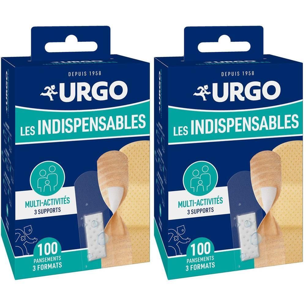 Deux boîtes bleues de pansements. Inscription: URGO, Les Indispensables. Contient 100 pansements en 3 formats.