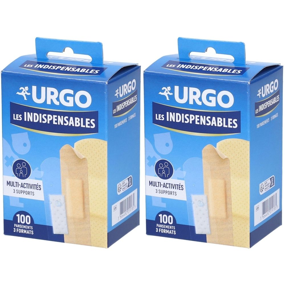 Deux boîtes bleues de pansements. Inscription: URGO LES INDISPENSABLES. 100 pansements, 3 formats.