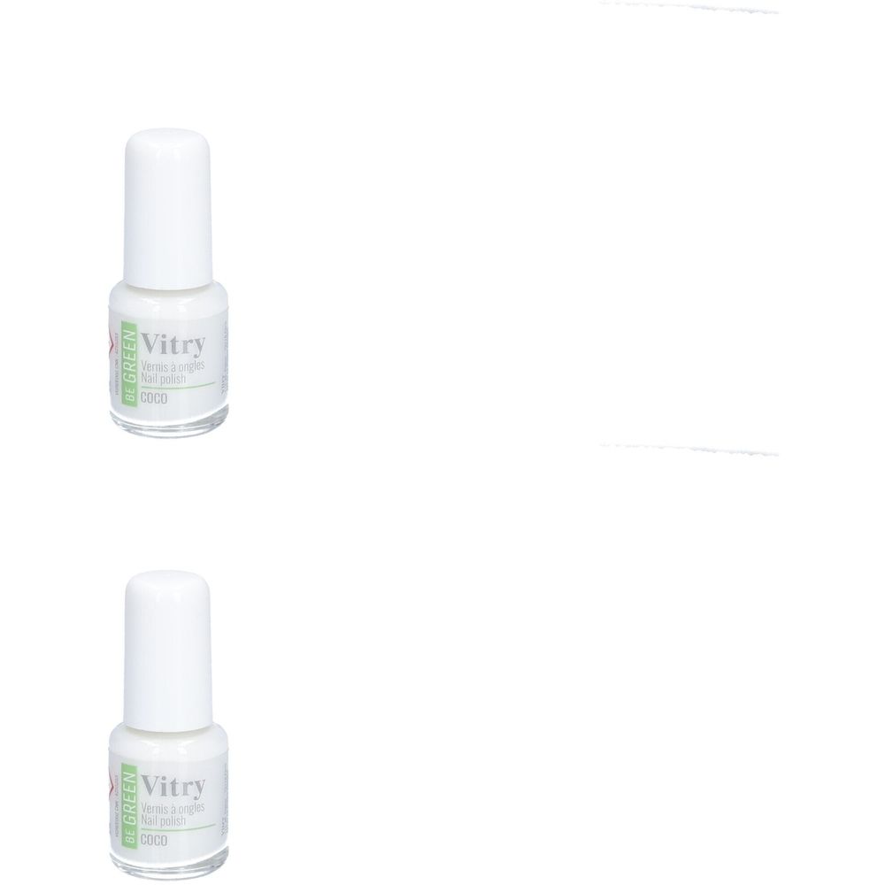 Deux flacons de vernis à ongles. Bouchon blanc, flacon transparent. Inscription : Vitry. Be green. Coco.