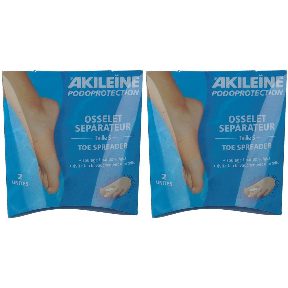 Deux paquets d'Akileine Osselet Séparateur taille S. Emballage bleu avec image et texte du produit. Contient 2 unités.
