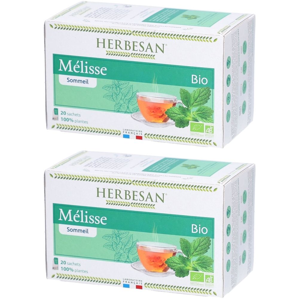 Deux boîtes Herbesan Mélisse Sommeil Bio. Illustration d'une tasse de thé et de feuilles de mélisse. Label Bio.