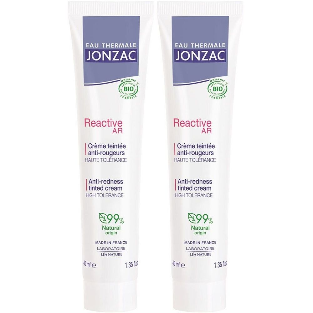 Deux tubes de crème. Inscription: Jonzac, Reactive AR, crème teintée anti-rougeurs. Certification bio. 99% d'origine naturelle.