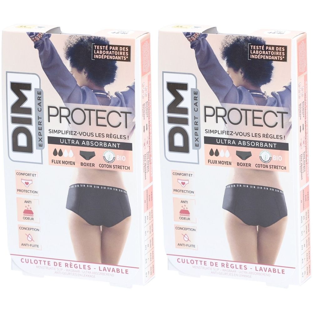 Deux boîtes de culottes menstruelles DIM PROTECT. Boxer, coton bio, ultra absorbant. Visuel d'une femme et d'une culotte noire.