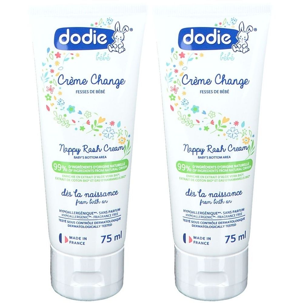 Deux tubes de Dodie Bébé Crème change. Tubes blancs avec décorations colorées et informations produit. 75 ml.
