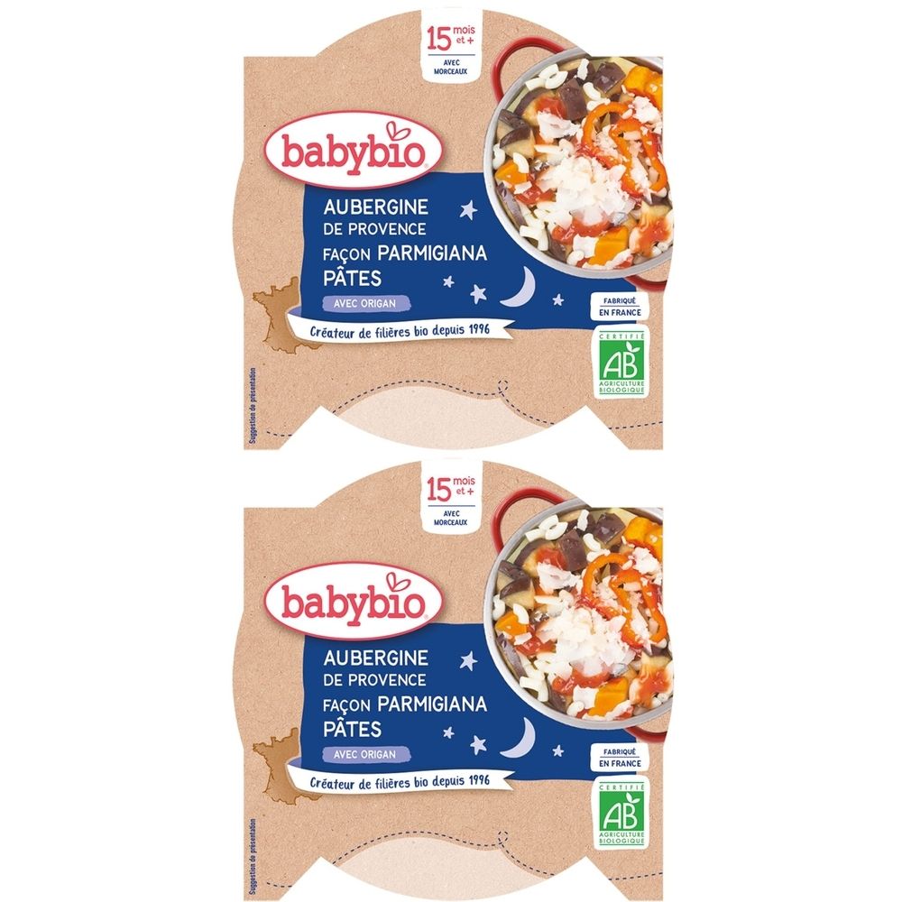 Deux emballages Babybio. Inscription: AUBERGINE DE PROVENCE, FAÇON PARMIGIANA PÂTES. Avec label bio et indication d'âge.