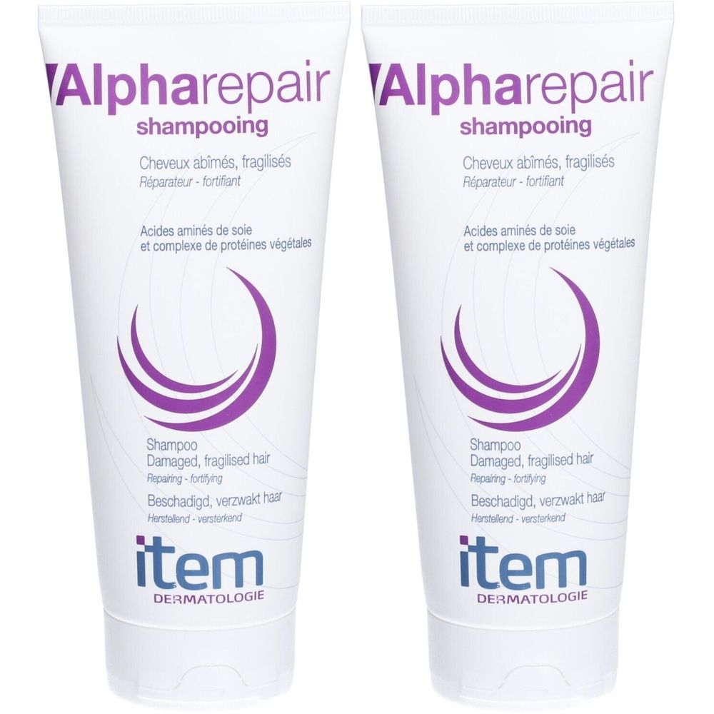 Deux tubes de shampooing blancs. Inscription: Alpharepair, shampooing pour cheveux abîmés. Marque: item Dermatologie.