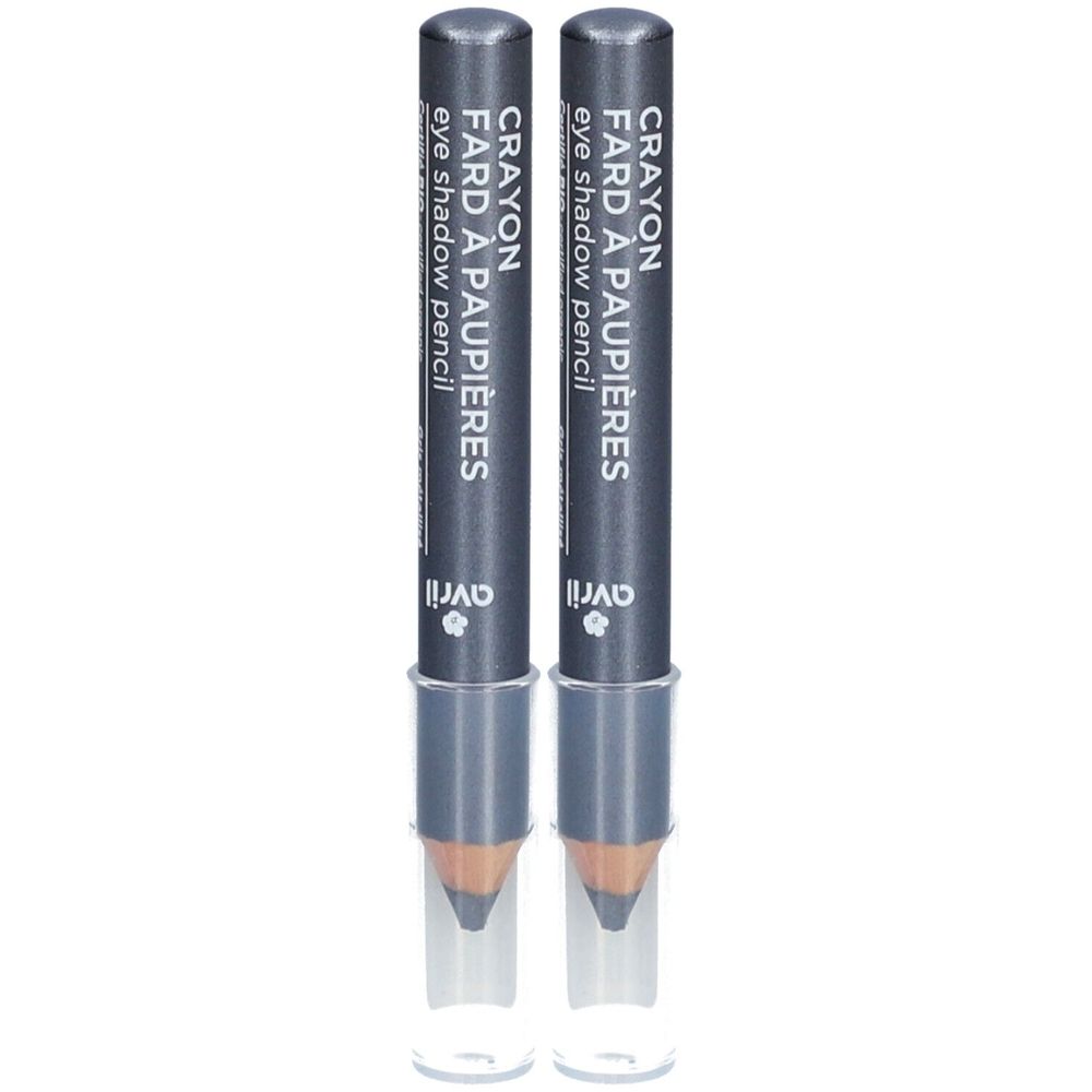 Deux crayons fard à paupières gris avec capuchons transparents. Inscription: Crayon Fard à Paupières, eye shadow pencil, Avril.