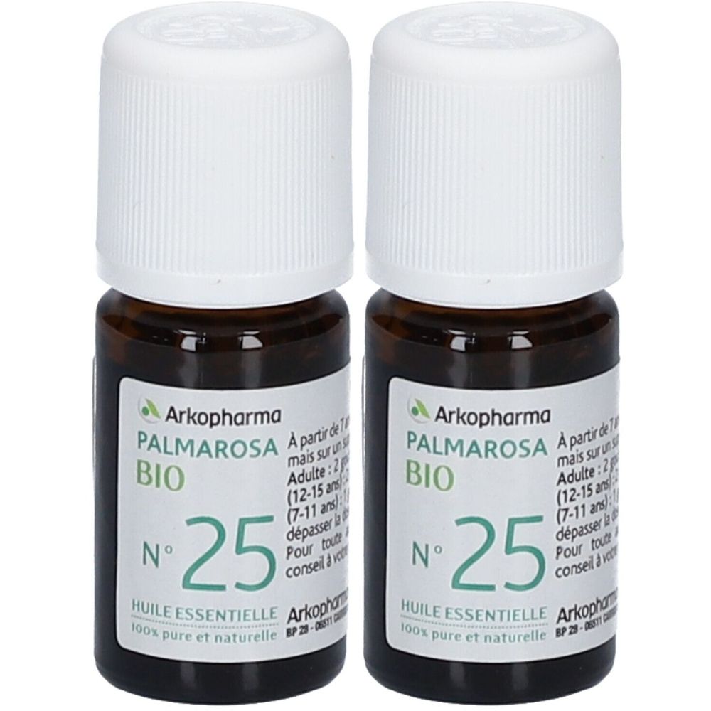 Deux flacons en verre brun avec bouchons blancs. Étiquettes : "Arkopharma Palmarosa BIO N°25". Huile essentielle.