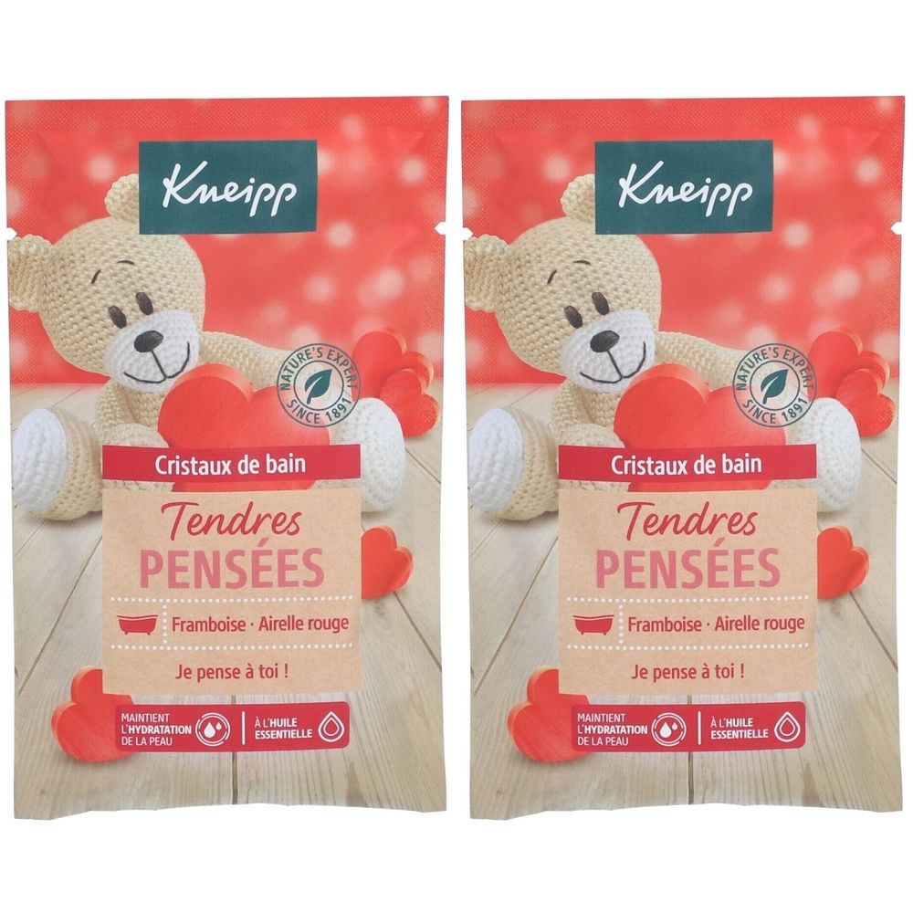 Deux sachets Kneipp Cristaux de bain Tendres Pensées. Impression avec ours en peluche, cœur et informations produit. Logo de certification.