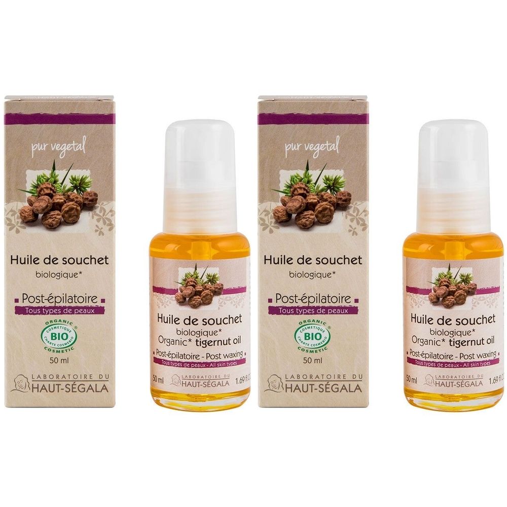 Trois flacons et emballages. Inscription : Huile de souchet biologique, Post-épilatoire, certification BIO. Flacons avec applicateur roll-on.