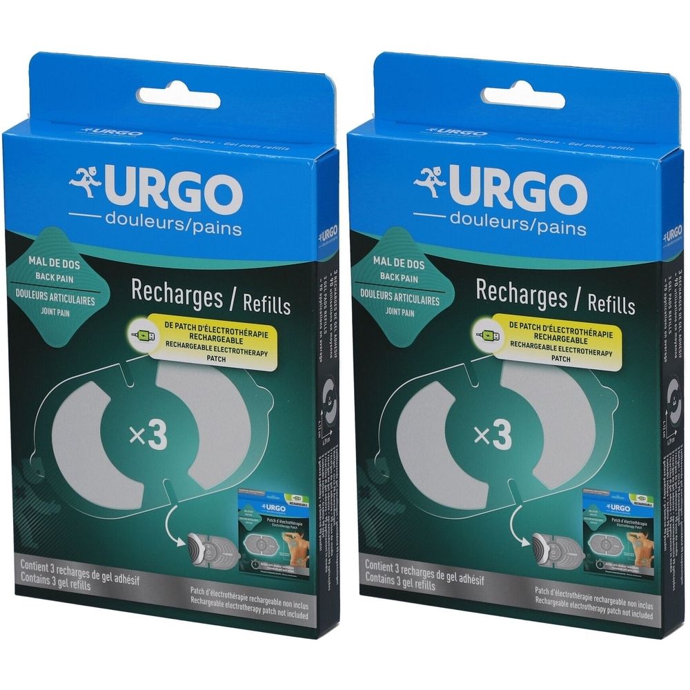 Deux boîtes bleues avec inscription URGO, Recharges/Refills. Contient 3 patchs d'électrothérapie. Texte en français.