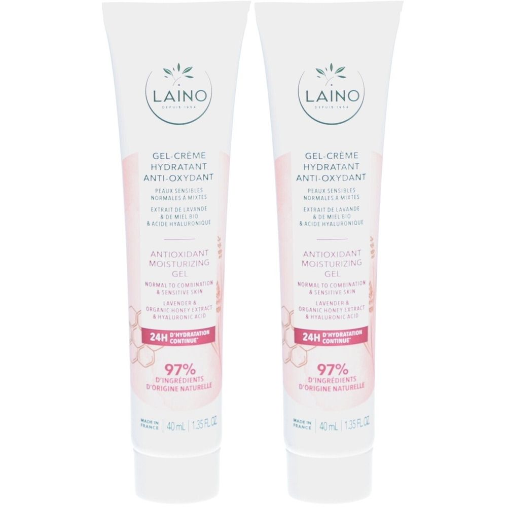Deux tubes de Gel-Crème hydratant anti-oxydant LAINO. Tubes blancs avec accents roses et informations produit. Visible : logo, nom du produit, texte.