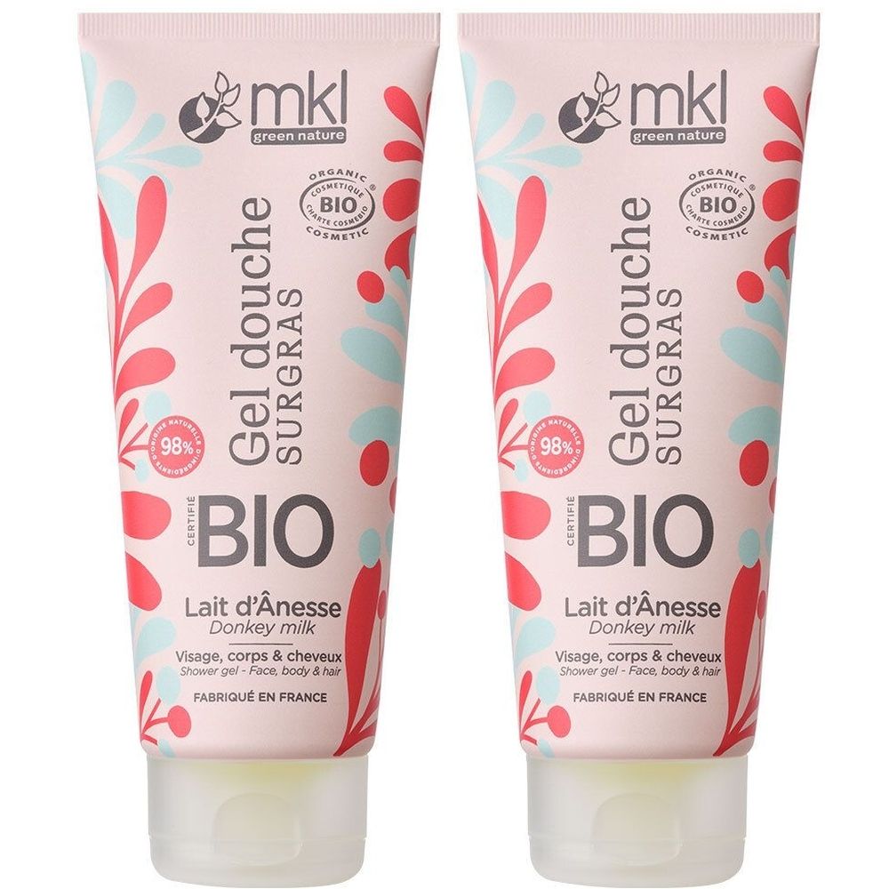 Deux tubes de gel douche BIO Lait d'Ânesse. Tubes roses avec motifs floraux et logo mkl green nature. Certifié bio.