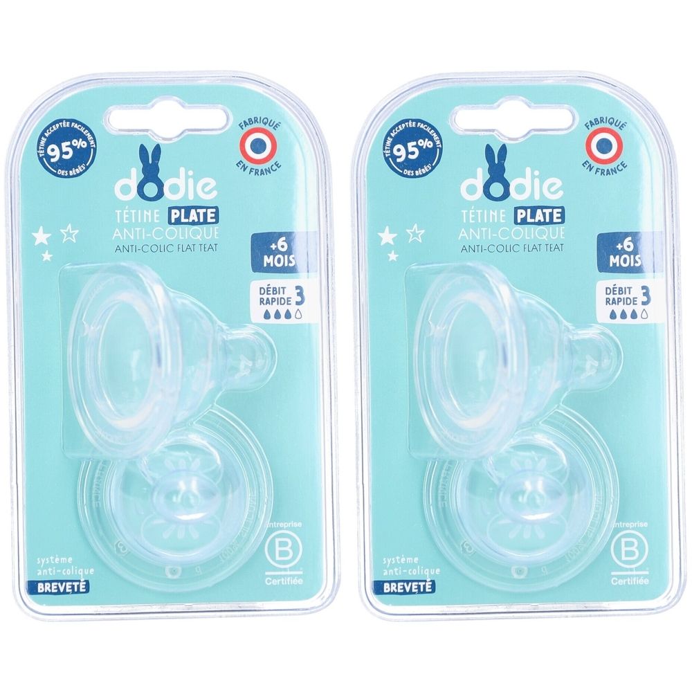Deux tétines en blister. Inscription: Dodie, anti-colique, +6 mois, débit rapide 3. Fabriqué en France.