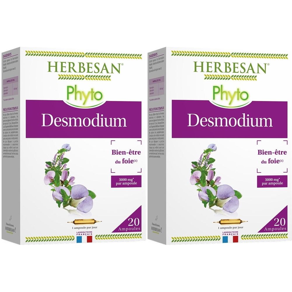 Deux boîtes de Herbesan Phyto Desmodium. Inscription: Bien-être du foie. 20 ampoules. Drapeau français.