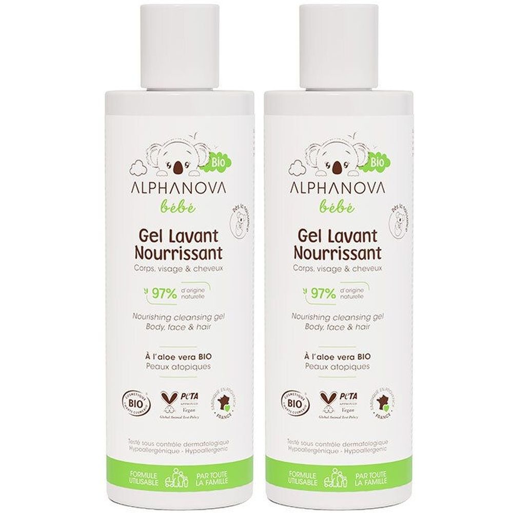 Deux flacons blancs avec étiquette verte. Inscription: ALPHANOVA bébé Gel Lavant Nourrissant. Contient 97% d'ingrédients naturels. Certification bio.