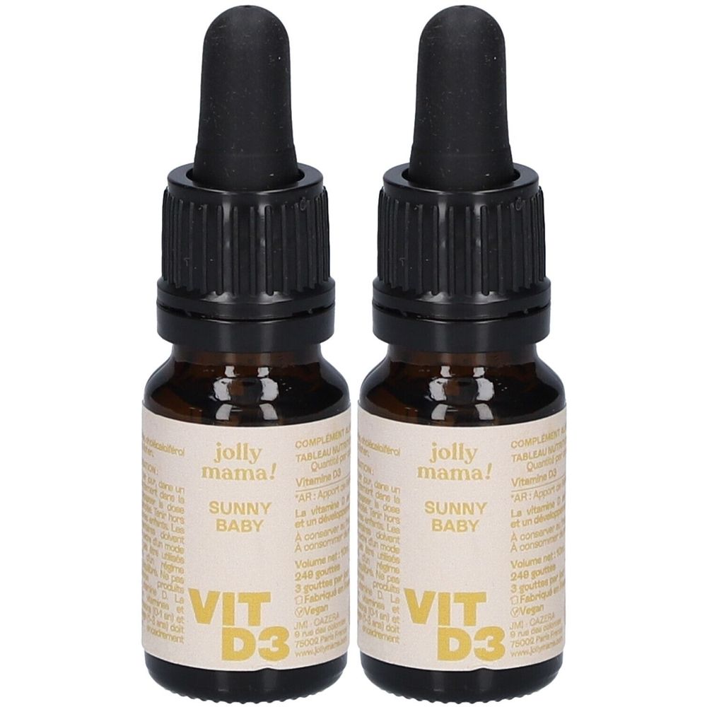 Deux flacons avec pipettes noires. Les étiquettes indiquent "jolly mama! SUNNY BABY VIT D3".