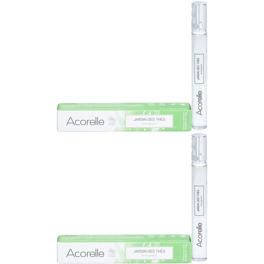 Deux parfums roll-on et emballages. Inscription: Acorelle, Jardin des Thés. Emballage vert et blanc. Flacons transparents.