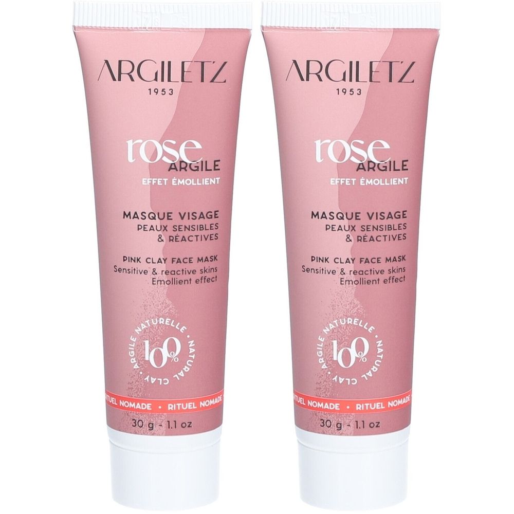 Deux tubes de masque facial rose. Inscription : ARGILETZ, rose Argile, Masque Visage, Peaux Sensibles & Réactives.