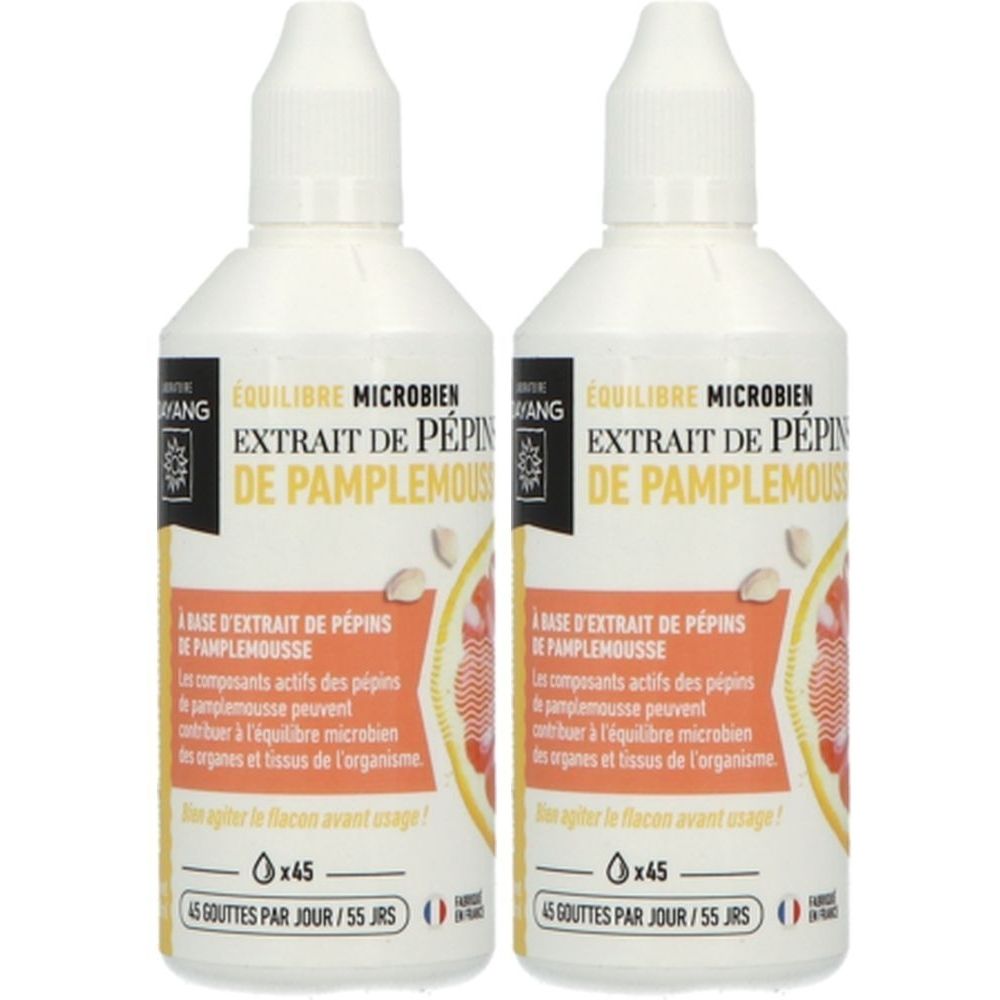 Deux flacons avec bouchon blanc. Inscription : EXTRAIT DE PÉPIN DE PAMPLEMOUSSE. Texte et logo sur l'étiquette. Flacons compte-gouttes.