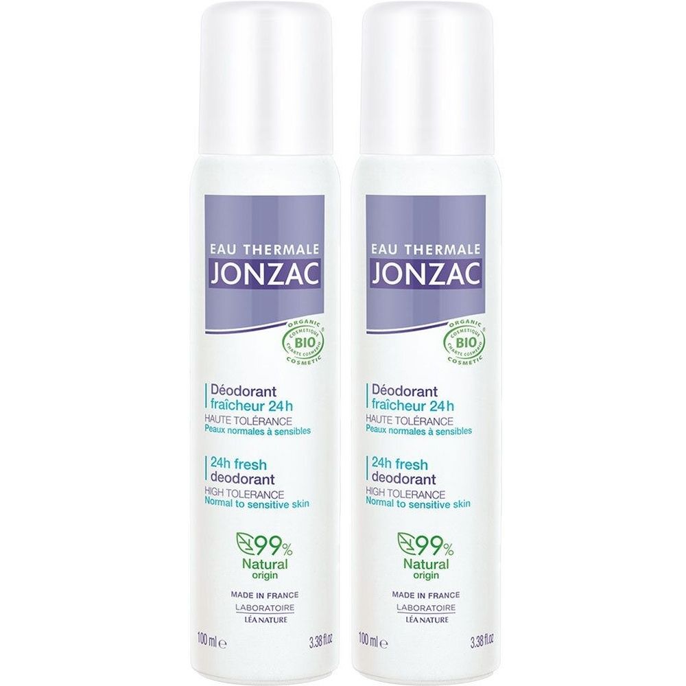 Deux déodorants blancs avec étiquettes violettes. Inscription: EAU THERMALE JONZAC, Déodorant Fraîcheur 24h, certification BIO, 99% d'origine naturelle.