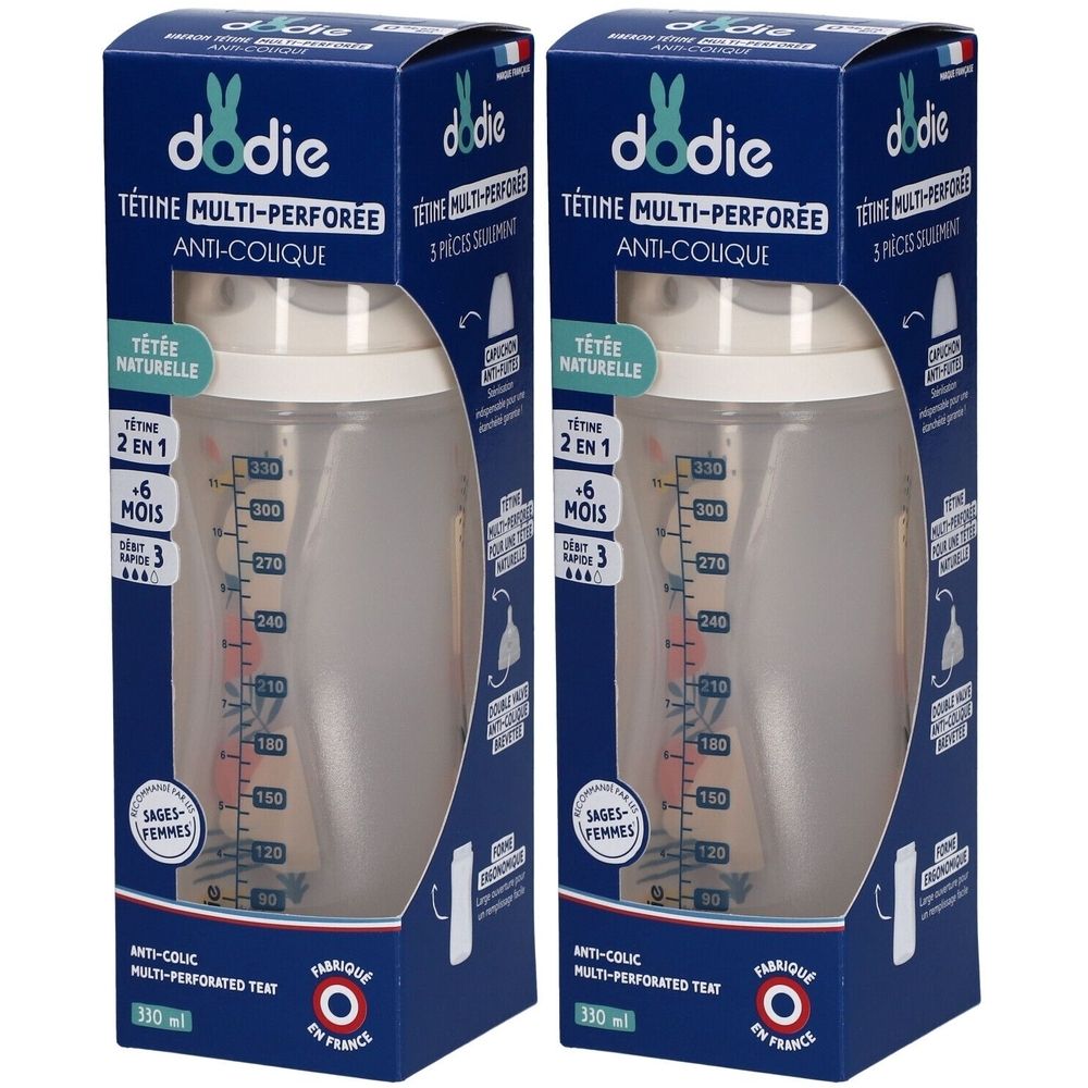 Deux biberons Dodie en boîte. Boîte bleue avec logo et nom du produit. Biberons avec graduation et tétine.