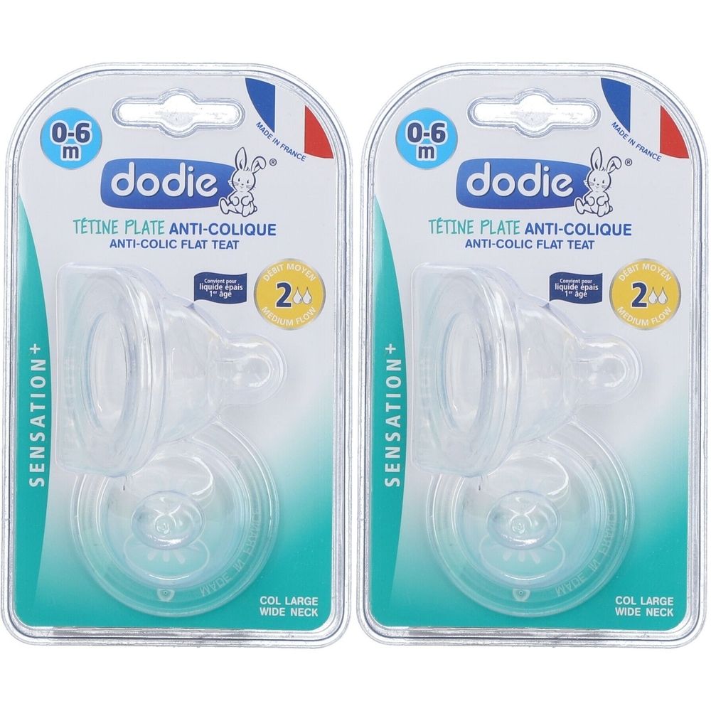 Deux tétines plates anti-coliques dodie en emballage. Pour 0-6 mois. Col large. 2 pièces.