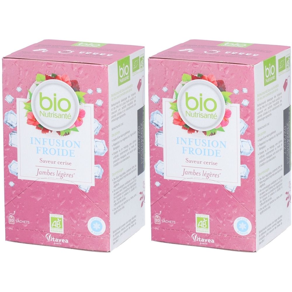 Deux boîtes roses "INFUSION FROIDE" saveur cerise, "Jambes légères". Logo "bio Nutrisanté". Certification AB. Marque Vitavea.