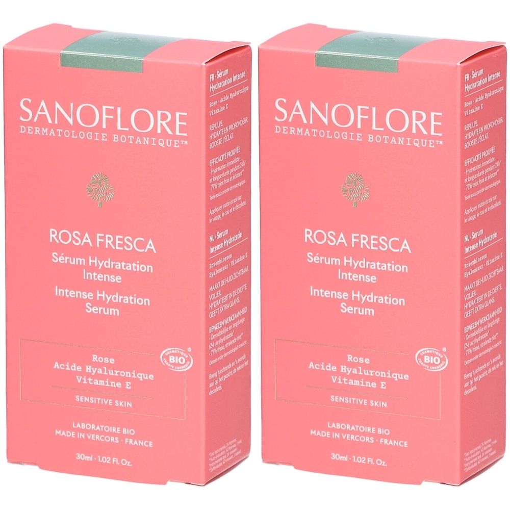 Deux boîtes roses. Inscriptions: SANOFLORE, ROSA FRESCA, Sérum Hydratation Intense, mention Bio. Contenant des sérums.