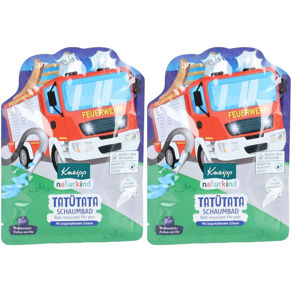 Deux sachets de bain moussant avec un motif de camion de pompiers. Inscription : Tatütata, Kneipp Naturkind. Parfum myrtille.