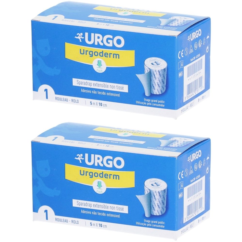 Deux boîtes bleues URGO Urgoderm. Inscription: Sparadrap extensible non tissé. Rouleau de pansement. Marquage CE.