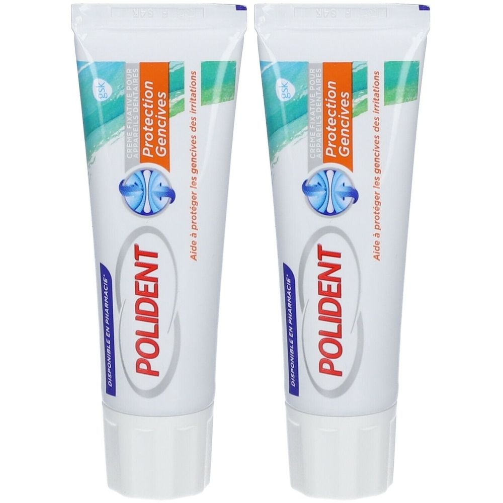 Deux tubes de Polident Crème fixative Protection Gencives. Tubes blancs avec texte bleu et orange.