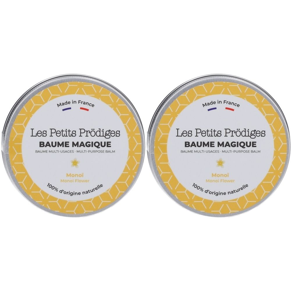 Deux boîtes rondes avec couvercle jaune. Inscription: Les Petits Prödiges, Baume Magique, Monoi. Fabriqué en France. 100% d'origine naturelle.