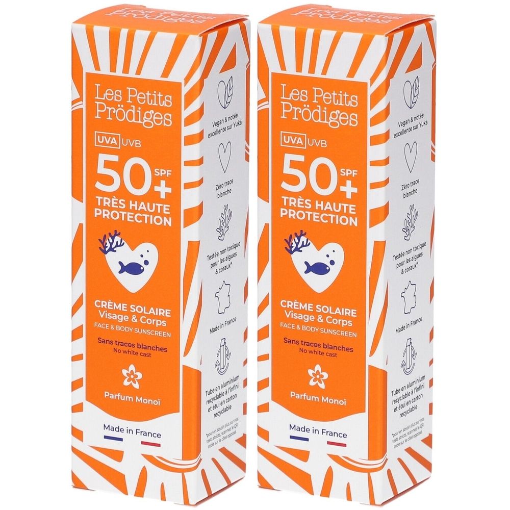 Deux boîtes rectangulaires. Inscription : Les Petits Prodiges, 50+ SPF, Crème Solaire Visage & Corps. Design orange et blanc.