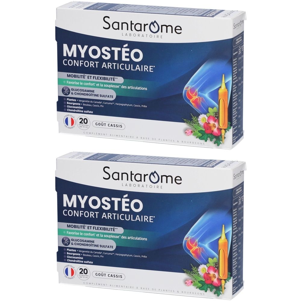 Deux boîtes de Santarome Myostéo. Inscription : MYOSTÉO CONFORT ARTICULAIRE. Contient 20 sachets. Goût : Cassis. Illustration d'un genou.