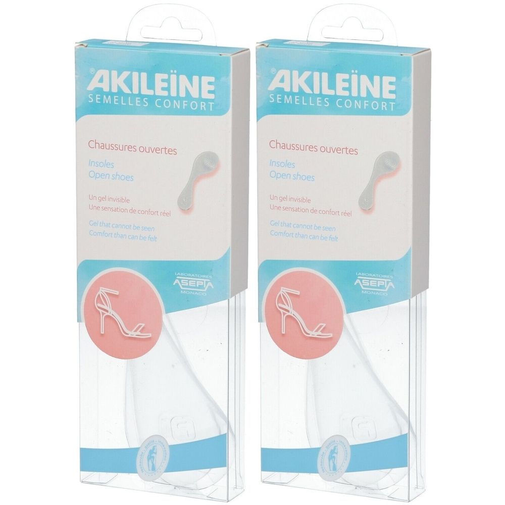 Deux boîtes de semelles AKILEINE pour chaussures ouvertes. Emballage avec image du produit et logo de la marque.