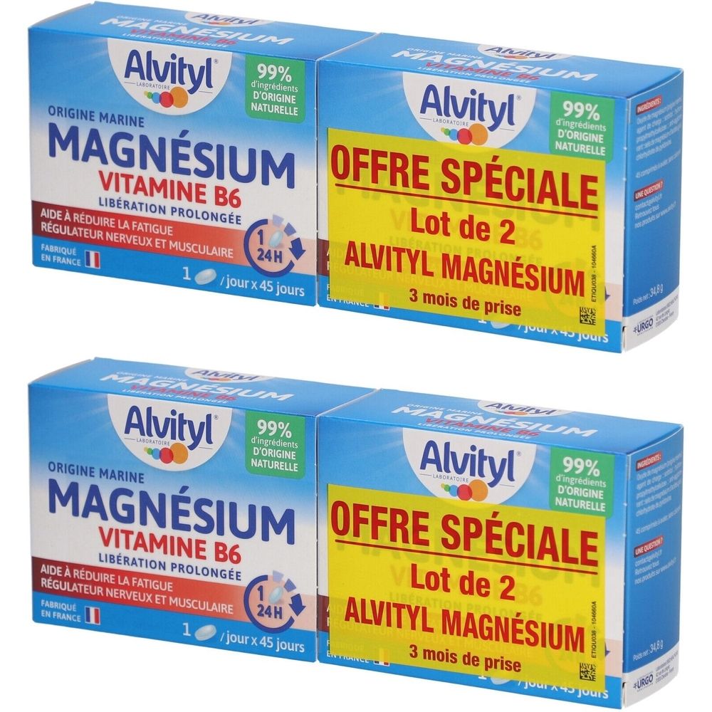 Deux boîtes de Alvityl Magnésium Vitamine B6. Emballage bleu avec informations produit et étiquette jaune "Offre spéciale".