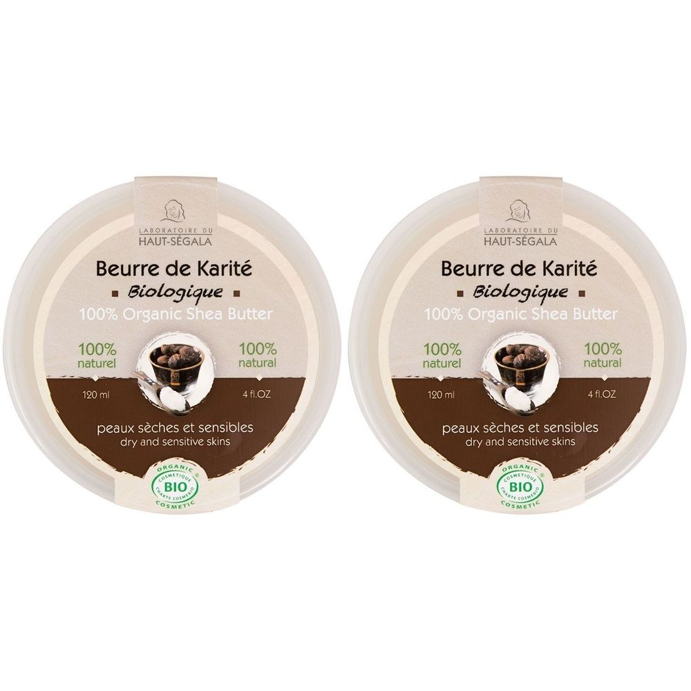 Deux pots ronds de beurre de karité biologique. Inscription "Beurre de Karité Biologique". Certifié bio. Pour peaux sèches.