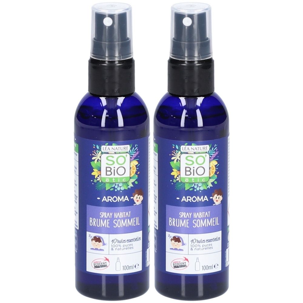Deux flacons pulvérisateurs bleus avec vaporisateur noir. Inscription: SO BIO ETIC, Spray Habitat Brume Sommeil. 100ml.