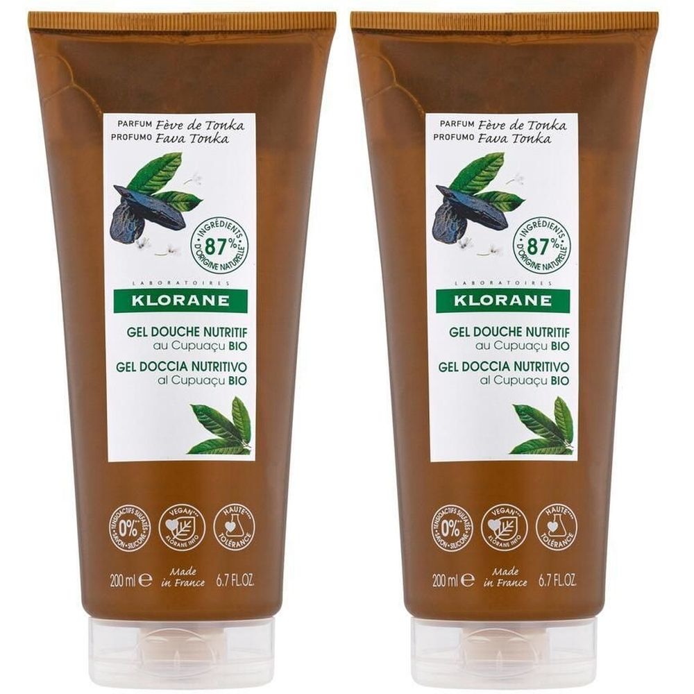 Deux tubes de gel douche marron. Inscriptions: KLORANE, GEL DOUCHE NUTRITIF, Fève de Tonka. 87% ingrédients d'origine naturelle.
