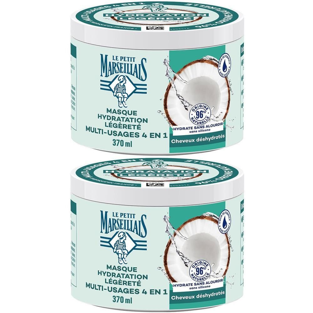 Deux pots de Masque 4 en 1 LE PETIT MARSEILLAIS. Pot vert clair avec couvercle blanc. Inscription et image de noix de coco.
