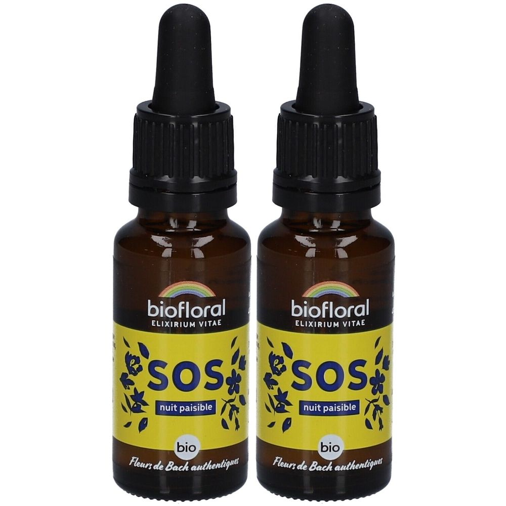 Deux flacons en verre brun avec des compte-gouttes noirs. Étiquettes : "biofloral SOS nuit paisible".