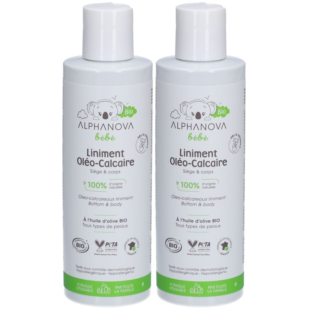 Deux flacons blancs avec bouchons blancs. Inscription: ALPHANOVA bébé Liniment Oléo-Calcaire. Avec logo bio et illustration de koala. Texte vert.