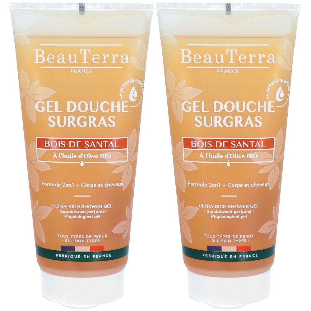 Deux tubes de gel douche. Inscription: BeauTerra, Gel Douche Surgras, Bois de Santal, à l'huile d'olive BIO. Tous types de peaux. Fabriqué en France.