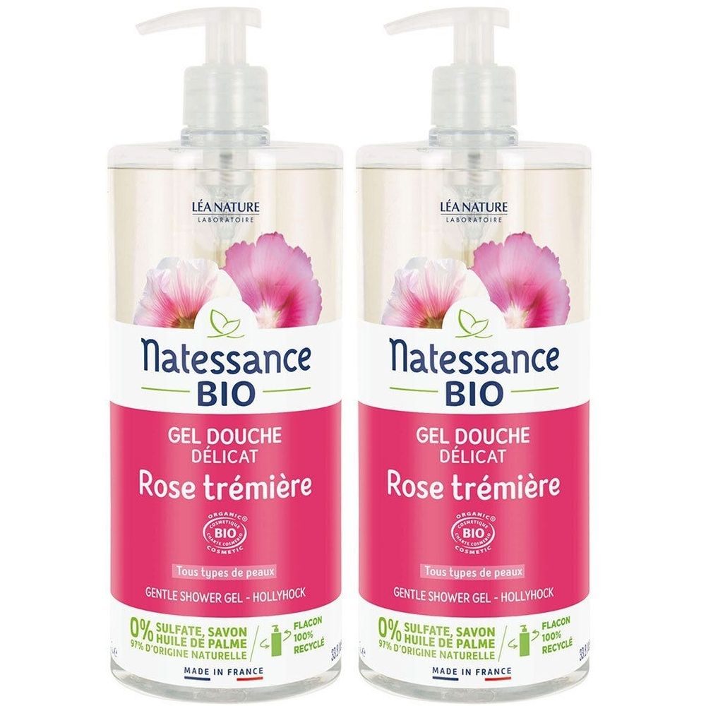 Deux flacons transparents avec pompe. Inscription: Natessance BIO, Gel Douche Délicat Rose trémière. Avec label bio.